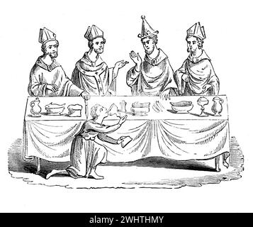 Bishops dining with a King. The servant tastes the wine before serving at table to show it is not poisoned. Black and White Illustration from the 'Old England' published by James Sangster in 1860. Stock Photo