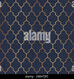 Geometric seamless pattern. Repeated luxury gold background. Blue geometry patern. Abstract marble effect. Printed paper. Repeating texture for design Stock Vector