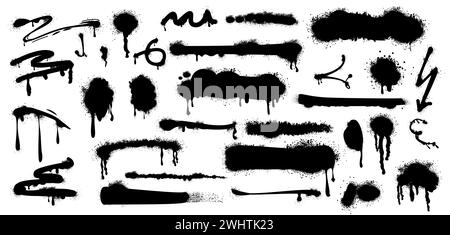 Black spray paint drips, lines and ink splatters with graffiti effect. Set of brush stains, blobs, inky stripes, grunge dots, arrow. Vector design elements for street art isolated on white background. Stock Vector