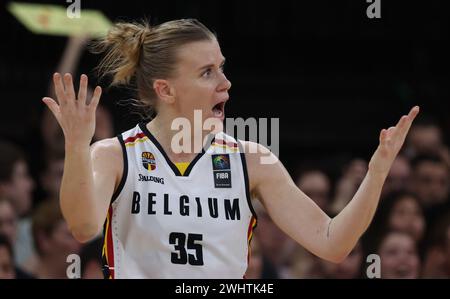 Antwerp, Belgium. 11th Feb, 2024. Belgium's Julie Vanloo reacts during a basketball match between Belgian national women team 'the Belgian Cats' and Nigeria, Sunday 11 February 2024 in Antwerp, during the FIBA Women's basketball qualification tournament for the 2024 Summer Olympics in Paris, France. BELGA PHOTO VIRGINIE LEFOUR Credit: Belga News Agency/Alamy Live News Stock Photo