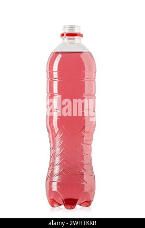 Red drink in an open plastic bottle. Isolated on a white background. File contains clipping path. Stock Photo