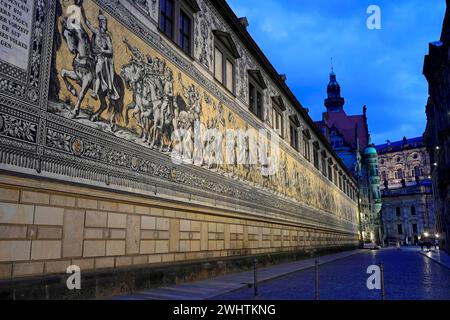 Procession of Princes, consisting of 23, 000 tiles made of Meissen porcelain, on the outer wall of the Stallhof, Dresden Palace, Old Town, Dresden Stock Photo