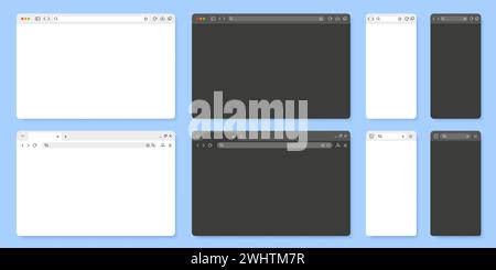 Browser window. Internet browsing tab UI template for mobile web page and desktop app. Light and dark mode browser bars vector illustration Stock Vector