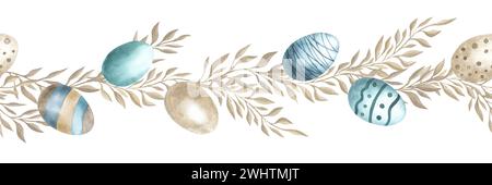 Watercolor Easter seamless border eggs, branches, golden leaves . Hand drawn illustration isolated on white background. Boho style pale color palette. Stock Photo