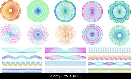 Seamless guilloche patterns. Spirograph geometric radial shapes and border lines dividers decorative art vector set Stock Vector