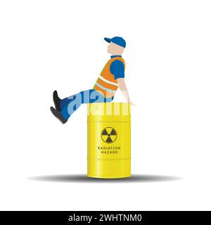 A man sits on a yellow barrel with radioactive waste. Radiation hazard. Vector. Stock Vector