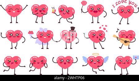 Kawaii heart mascot. Love characters, romantic hearts and cute happy valentines day vector illustration set Stock Vector