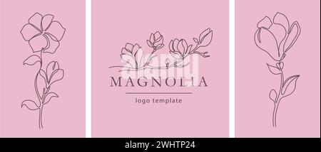 Magnolia flowers emblem. Elegant line-drawn blooming branches, minimalist floral design vector template Stock Vector