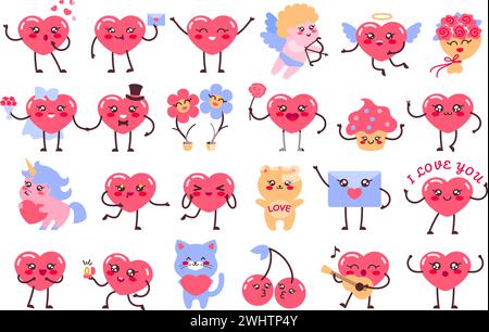 Kawaii love mascot. Cute heart characters for Valentines Day designs, romantic greeting cards and love-inspired stickers vector illustration set Stock Vector