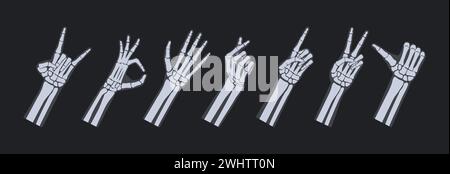 Skeletal hand x-ray gestures. Peace sign, okay and love heart gesture, rock horns and thumbs up like vector illustration set Stock Vector