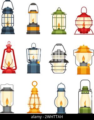 Cartoon camp lamp. Vintage camping lantern, portable lighting devices with flames vector illustration set Stock Vector