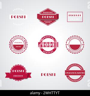 Set of various polish product and quality guarantee labels in Polish, isolated on white background, vector illustration. Stock Vector