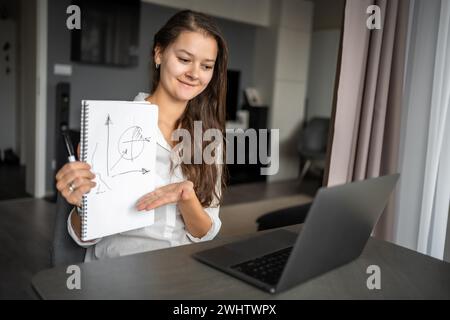 Female teacher having video conference chat with student or class group, using laptop. Woman talking to webcam, explaining. Online Education concept Stock Photo