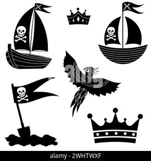 Pirate adventure. Set of vector pirate silhouettes. Boat, shovel, flag, parrot and crown. Elements of a pirate party for kindergarten. Vector illustra Stock Vector