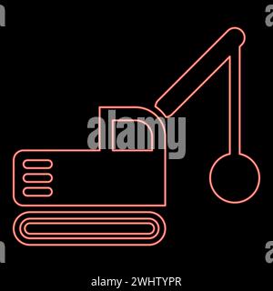 Neon sloopkraan building machine demolish wrecking ball crane truck red color vector illustration image flat style light Stock Vector