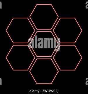 Neon hexagonal technology concept hexagon six items bee sota geometry six sided polygon red color vector illustration image flat style light Stock Vector