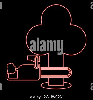 Neon chainsaw sawing tree woodchopper concept lumberjack arborist cutting deforestation prunes sprinking red color vector illustration image flat Stock Vector
