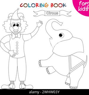 Circus characters. Clown and little elephant. Editable vector illustration. Coloring book template. Stock Vector