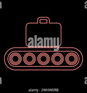 Neon conveyor belt airport tape baggage passengers luggage suitcase production line automated manufacturing red color vector illustration image flat Stock Vector