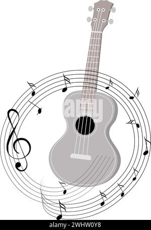 Musical instruments. Guitar ukulele in a circle of notes. Vector illustration in flat cartoon style Stock Vector