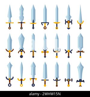 Cartoon steel swords set icons. Knives daggers sharp blades. Fantasy game weapon icon in flat style. Vector illustration Stock Vector