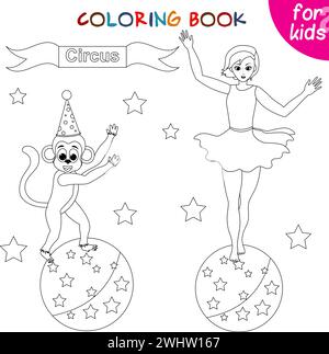 Circus characters. Girl and monkey on big balls. Editable vector illustration. Coloring book template. Stock Vector