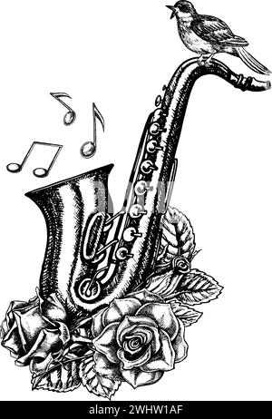 Red Roses And Saxophone Saxophone decorated with roses, graphic vector black and white ...