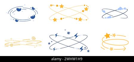 Dizzy line icons set. Vertigo and dizziness symbols collection with spinning stars and clouds motion, flying birds and scribbles, headache and stupid feeling, hangover metaphor vector illustration Stock Vector