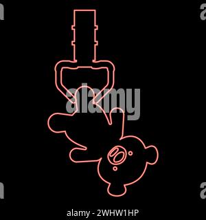 Neon prize toy manipulator hold plush bear cute doll iron hook crane claw picker for pick up red color vector illustration image flat style light Stock Vector