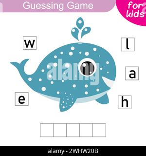 Guess the word. Whale. Logic puzzle game for kids to learn English words. Development of writing and reading skills. Educational game for preschool an Stock Vector