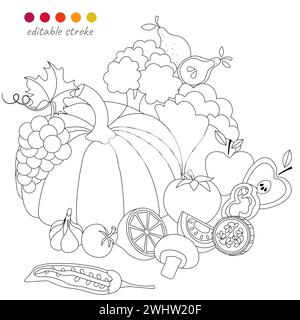 Still life with pumpkin, cabbage, fruits and vegetables. Autumn collection. Relaxation coloring template. Editable vector illustration. Stock Vector