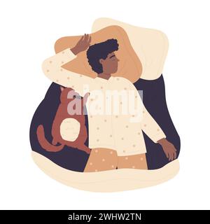 Boy sleeping with his cat. Dreaming boy near the pet, bedtime routine cartoon vector illustration Stock Vector