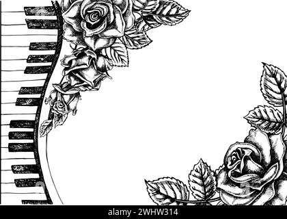 A frame with musical piano keys decorated with roses, a graphic vector black and white illustration for posters, flyers, greeting cards and invitation Stock Vector
