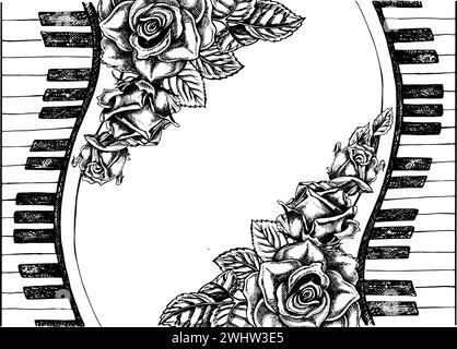 A frame with musical piano keys decorated with roses, a graphic vector black and white illustration for posters, flyers, greeting cards and invitation Stock Vector