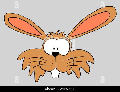 Rabbit head drawn in pen and ink in frontal view in comic style isolated on light gray. Stock Photo