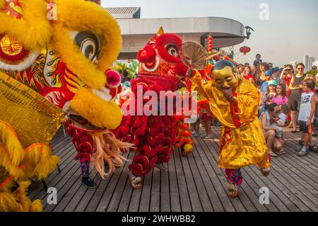 Dragon dancing at a skybar for Chinese New Year, 