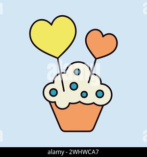 Cupcake with two hearts icon. Valentines day symbol. Vector illustration, romance elements. Sticker, patch, badge, card for marriage, wedding Stock Vector