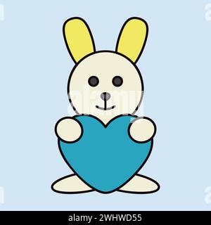 Cute plush rabbit with heart icon. Valentine day symbol. Vector illustration, romance elements. Sticker, patch, badge, card for marriage, wedding Stock Vector
