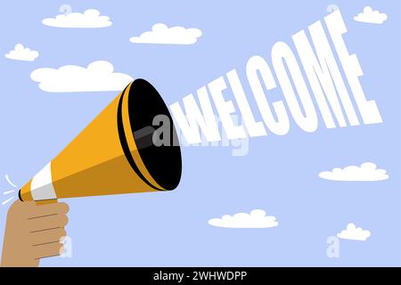 Megaphone or bullhorn with welcome text eminating as if the person is welcoming a new member of staff, New employee or successful candidate Stock Vector