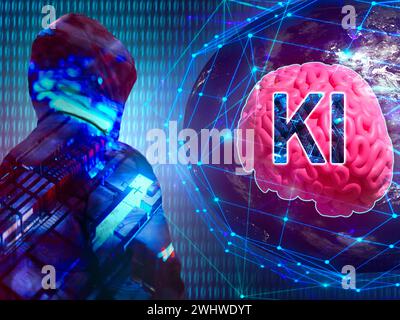 11 February 2024: Globe with brain and robot in the foreground and the text: AI - Artificial Intelligence. Symbolic image of the world of AI programs, photos, chatbots and co. PHOTOMONTAGE *** Weltkugel mit Gehirn und Roboter im Vordergrund und dem Text: KI - Künstliche Intelligenz. Symbolbild zur Welt der AI Programme, Fotos, Chatbots und co. FOTOMONTAGE Stock Photo