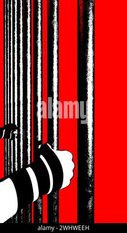 Detention, imprisonment. Prison cell and hands holding the bars. 3d rendering. Overpopulation of prisons. Penitentiary and prisoners. Justice Stock Photo