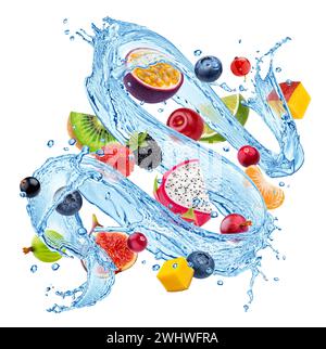 Mix of fruits and berries with water splashes isolated on white background Stock Photo