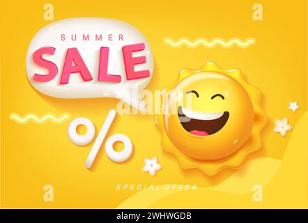 Summer Sale banner with smiling 3d sun. Stock Vector