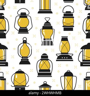 Old lamps seamless pattern. Oil and kerosine old style lamp. Vintage stylish lanterns flat monochrome fabric print design. Decent vector background Stock Vector