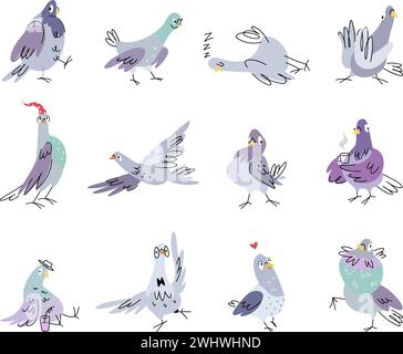 Cartoon pigeon. Isolated doodle dove clipart. Funny pigeons in different poses, sleep, drink coffee and fly. Emotional nowaday vector birds characters Stock Vector