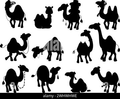 Camel black silhouettes. Isolated desert animals collection. Arabian camels caravan, simple silhouette. Decorative stickers, nowaday vector set Stock Vector