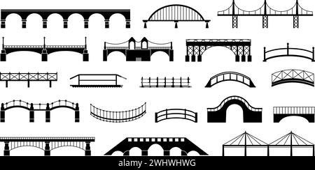 Black bridges silhouettes. Isolated bridge icons, urban architecture constructions elements. Transportation and city logistic, decent vector set Stock Vector