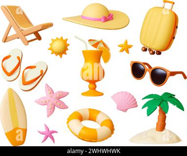 Summer travel 3d icons. Render beach elements, realistic palm tree, cocktail, sunglasses, chaise lounge. Touristic suitcase, pithy vector clipart Stock Vector