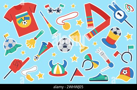 Football stickers pack. Soccer championship fans elements. Sport team support, match attributes. Golden cup and medal, ball and trumpet decent vector Stock Vector