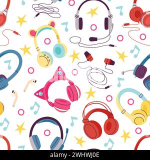 Colorful headphones background. Abstract music seamless pattern with earphones and notes. Musical childish fabric print, decent vector element Stock Vector